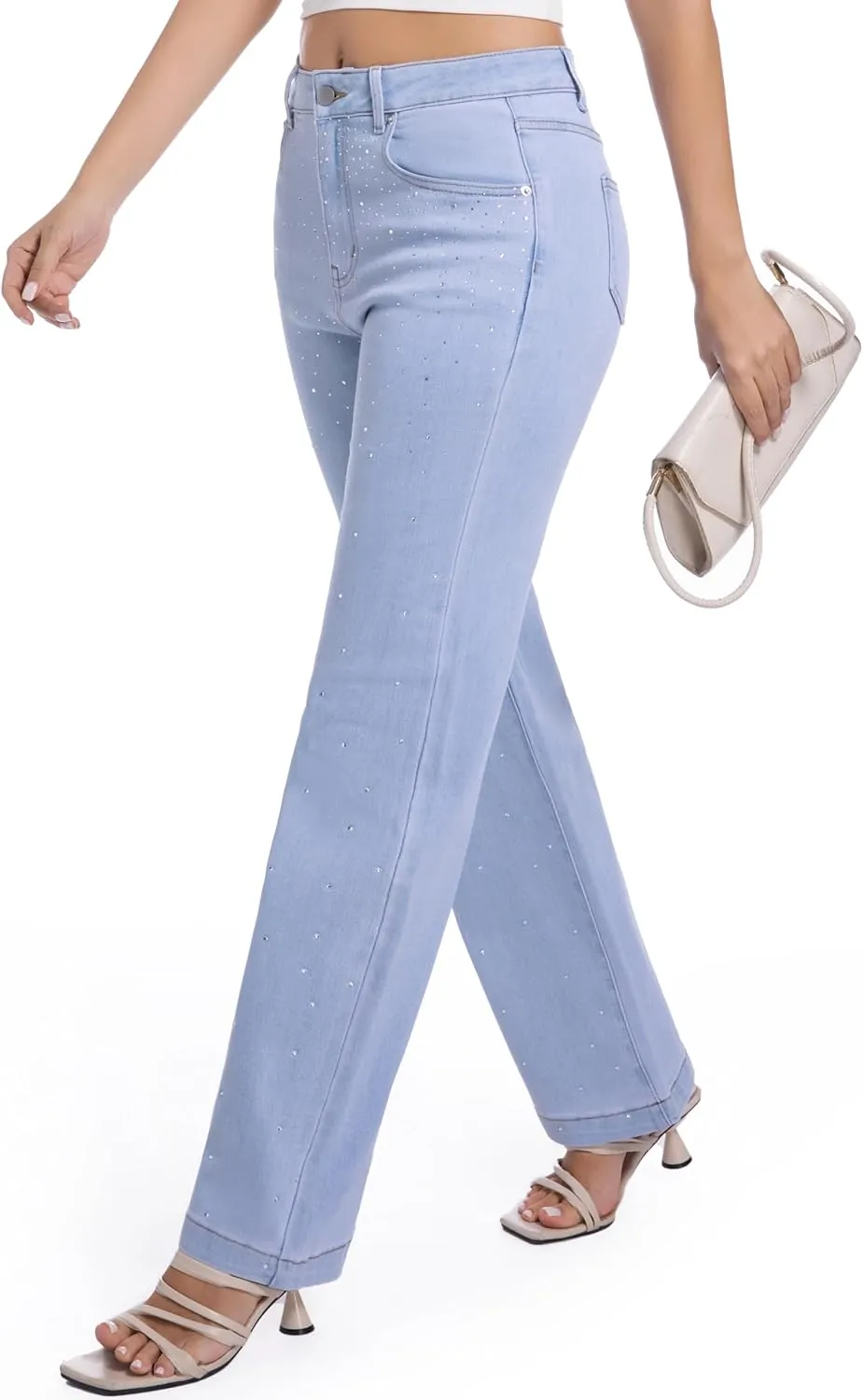 Straight Jeans for Women Cotton Rhinestone Trendy Mid Rise Women's Stretch Jeans