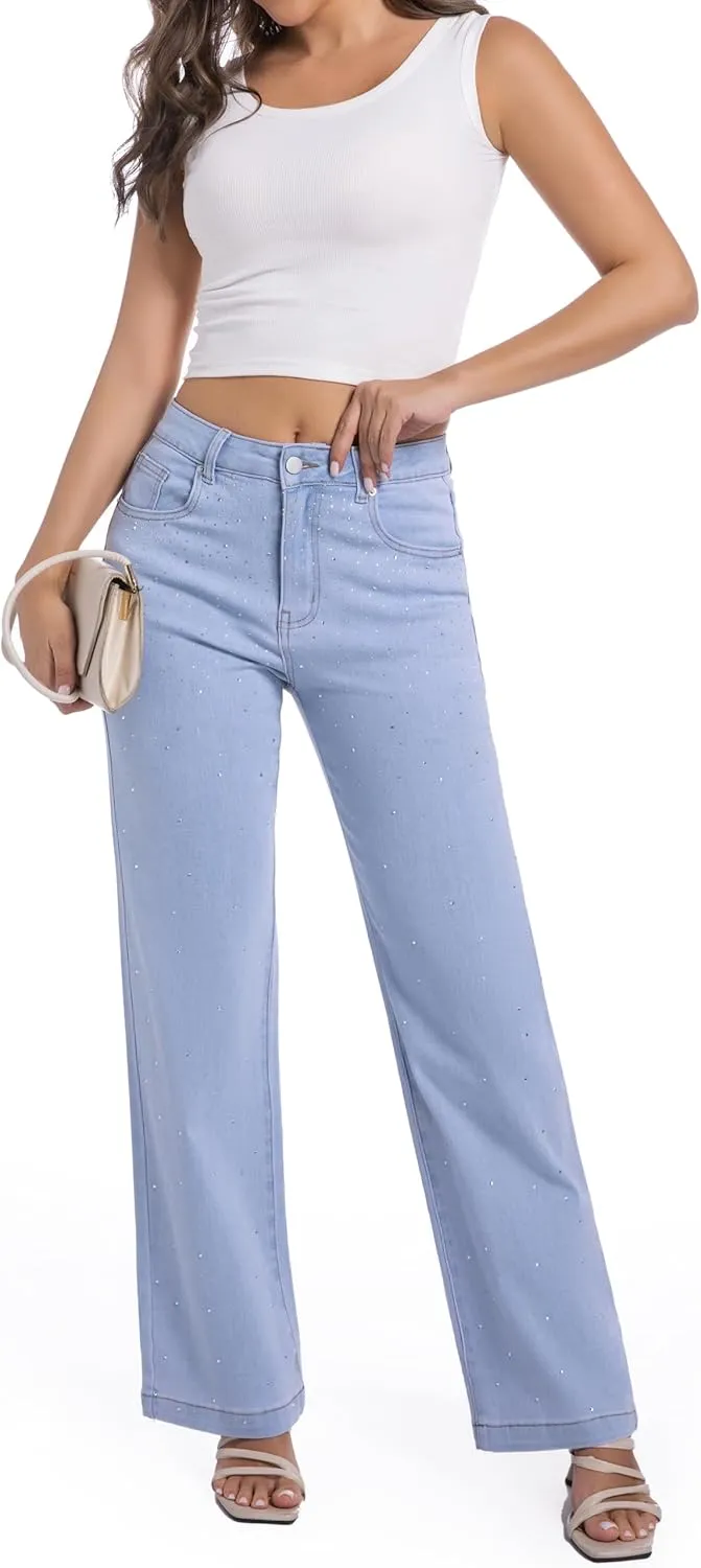 Straight Jeans for Women Cotton Rhinestone Trendy Mid Rise Women's Stretch Jeans