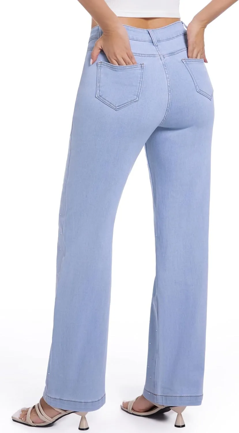 Straight Jeans for Women Cotton Rhinestone Trendy Mid Rise Women's Stretch Jeans