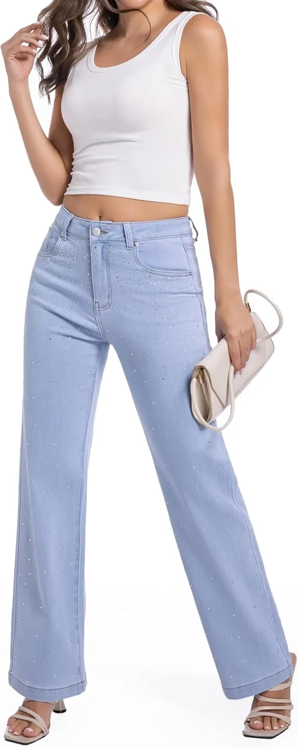Straight Jeans for Women Cotton Rhinestone Trendy Mid Rise Women's Stretch Jeans