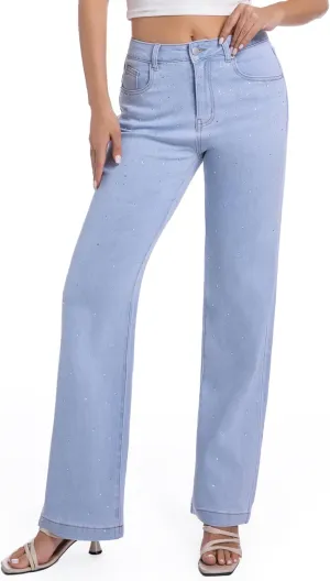 Straight Jeans for Women Cotton Rhinestone Trendy Mid Rise Women's Stretch Jeans