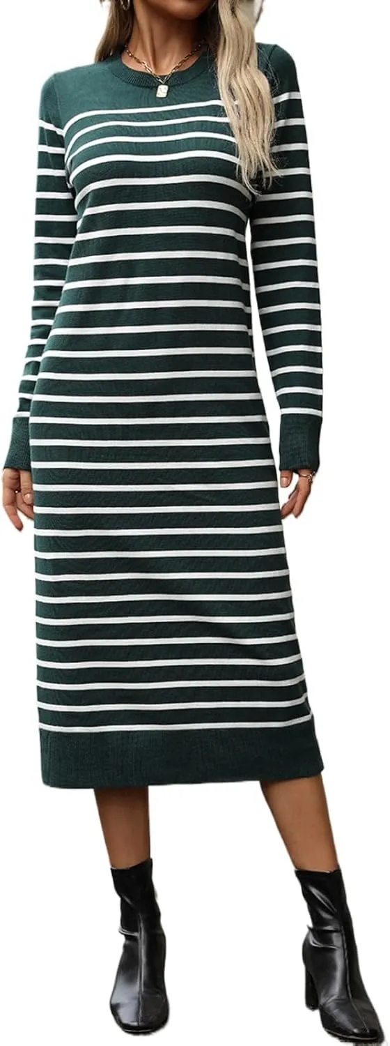 Sumleno Womens Striped Sweater Dress Crew Neck Long Sleeve Slim Fit Knit Midi Maxi Dress Trendy Fall Winter Long Dress