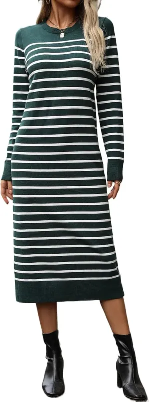 Sumleno Womens Striped Sweater Dress Crew Neck Long Sleeve Slim Fit Knit Midi Maxi Dress Trendy Fall Winter Long Dress
