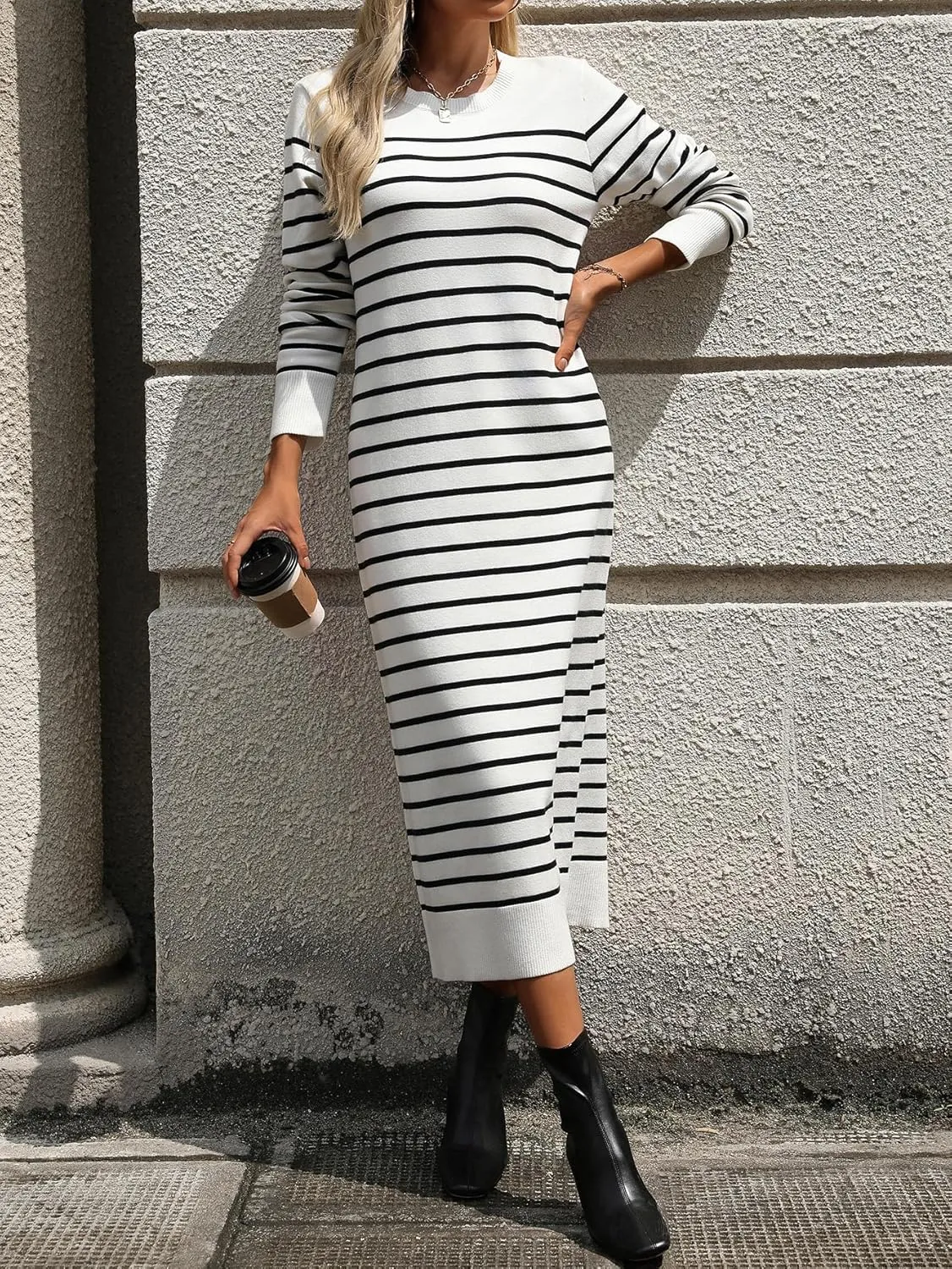 Sumleno Womens Striped Sweater Dress Crew Neck Long Sleeve Slim Fit Knit Midi Maxi Dress Trendy Fall Winter Long Dress