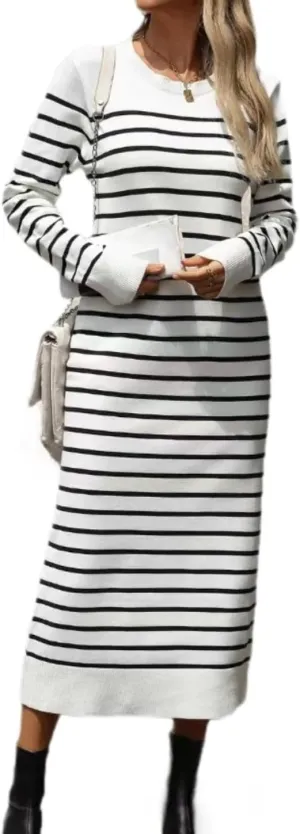 Sumleno Womens Striped Sweater Dress Crew Neck Long Sleeve Slim Fit Knit Midi Maxi Dress Trendy Fall Winter Long Dress