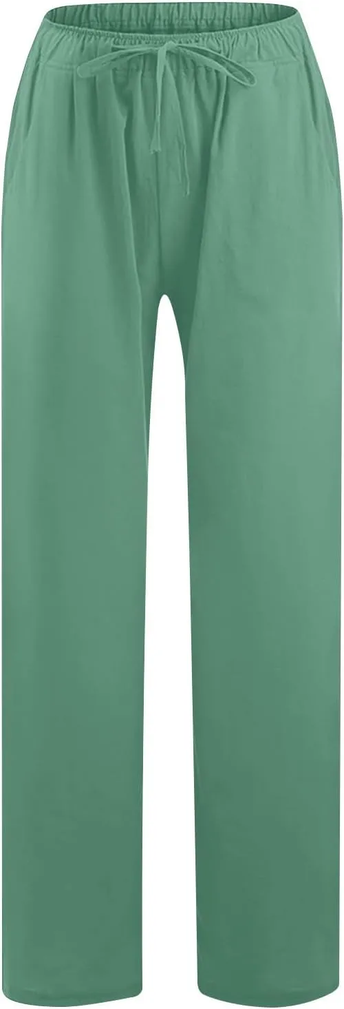 Summer Cotton Linen Pants for Women Loose Straight Leg Drawstring Trouser Casual Elastic Waist Long Pant with Pockets