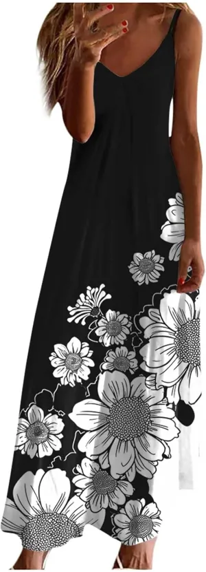 Summer Dresses for Women 2025 Beach Vacation Sexy Spaghetti Strap v Neck Sun Dress Flowy Maxi Long Sundresses Trendy