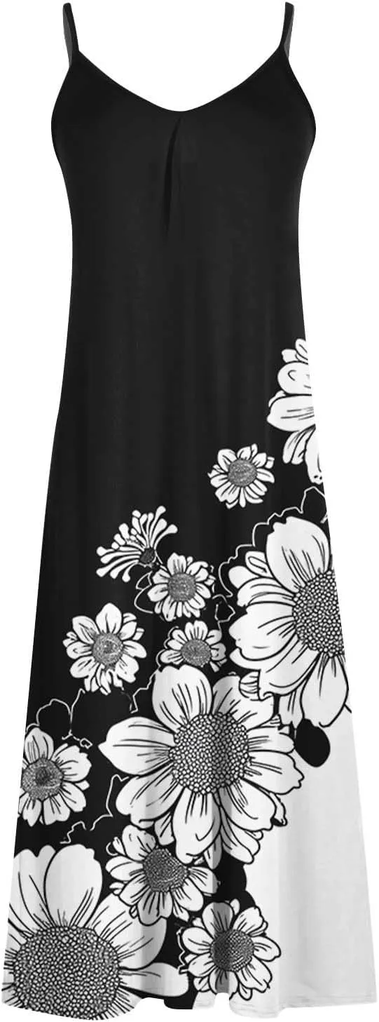 Summer Dresses for Women 2025 Beach Vacation Sexy Spaghetti Strap v Neck Sun Dress Flowy Maxi Long Sundresses Trendy