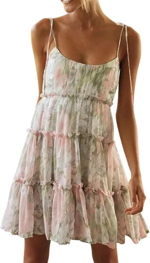 Summer Floral Mini Dresses for Women 2025 Flowy Boho Sleeveless Spaghetti Strap Dress Tiered Ruffle Short Skater Dress