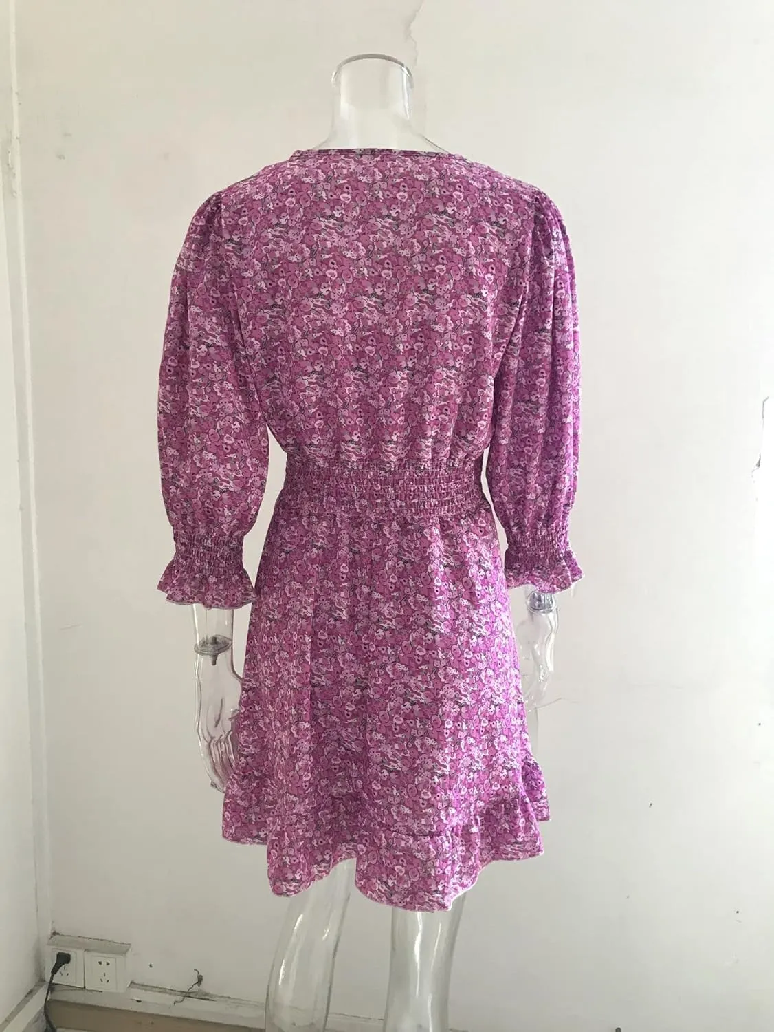 Summer Ladies Deep V Neck Bohemian Floral Print Dress Casual 3/4 Long Sleeve Ruffled Belted Waist Hem Mini Skirt