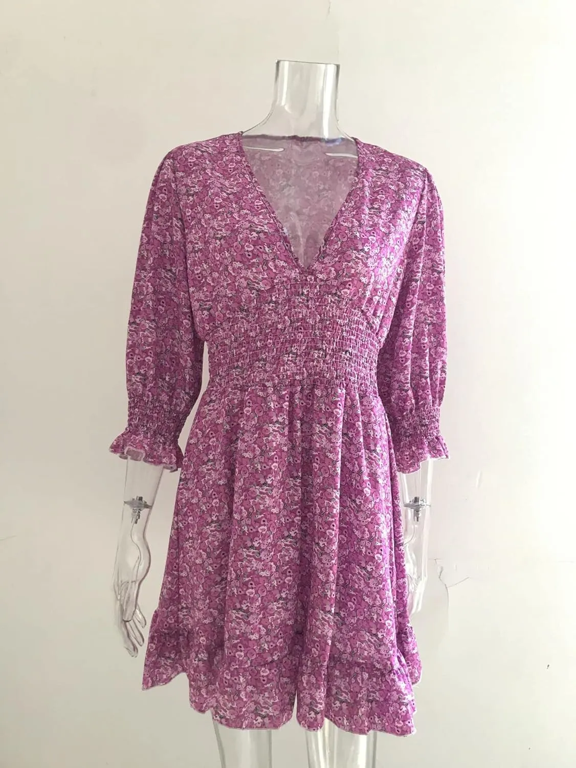 Summer Ladies Deep V Neck Bohemian Floral Print Dress Casual 3/4 Long Sleeve Ruffled Belted Waist Hem Mini Skirt