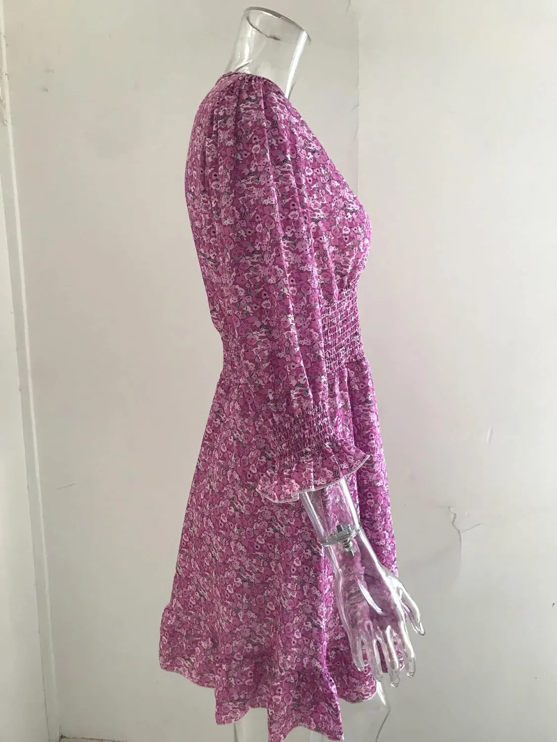 Summer Ladies Deep V Neck Bohemian Floral Print Dress Casual 3/4 Long Sleeve Ruffled Belted Waist Hem Mini Skirt