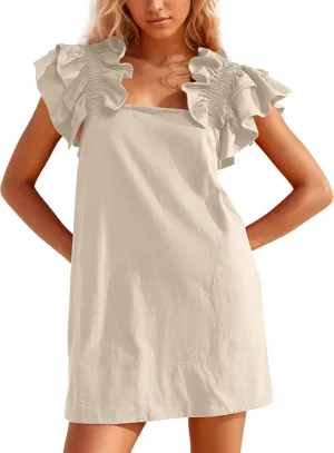 Summer Square Neck Mini Dress for Women Ruffle Sleeve Backless Short Shift Dress Solid Off The Shoulder Tunic Dresses