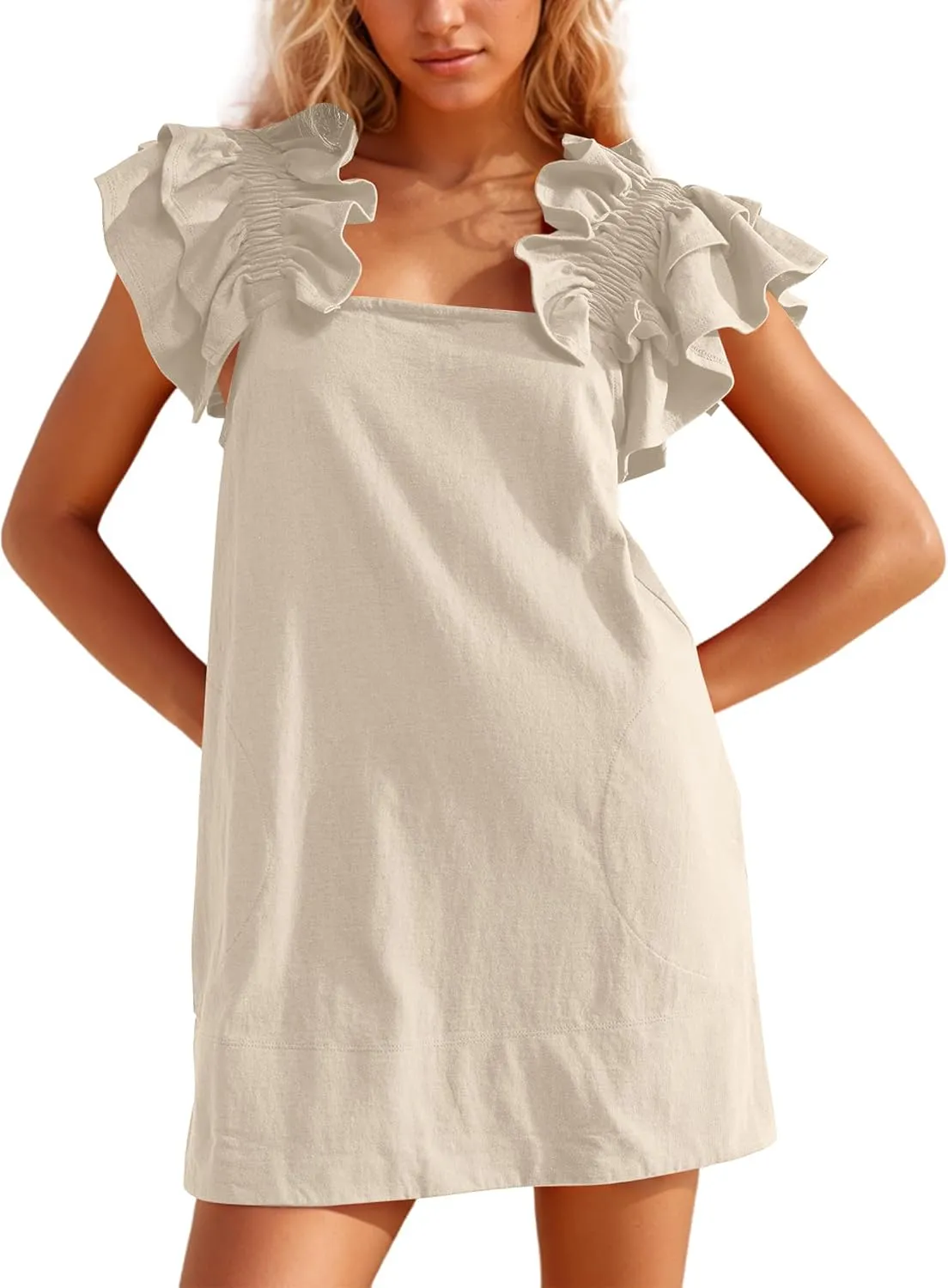 Summer Square Neck Mini Dress for Women Ruffle Sleeve Backless Short Shift Dress Solid Off The Shoulder Tunic Dresses