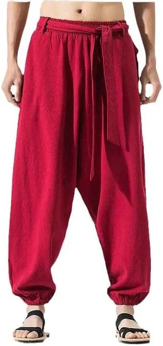 Summer Wide Leg Pants Men Cotton Linen Bloom Pants Mens Red Chinese Style Harem Pants Male Trousers