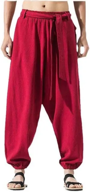 Summer Wide Leg Pants Men Cotton Linen Bloom Pants Mens Red Chinese Style Harem Pants Male Trousers