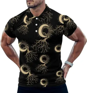 Sun And Moon Tree Mens Polo Shirts Quick Dry Short Sleeve T-shirts Slim Tennis Collared Tees Tops