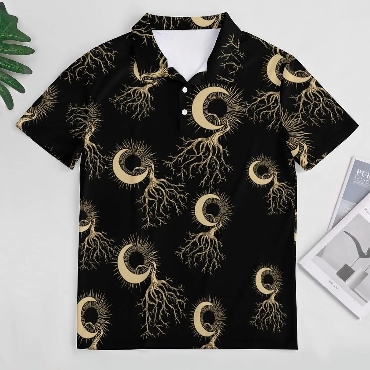 Sun And Moon Tree Mens Polo Shirts Quick Dry Short Sleeve T-shirts Slim Tennis Collared Tees Tops