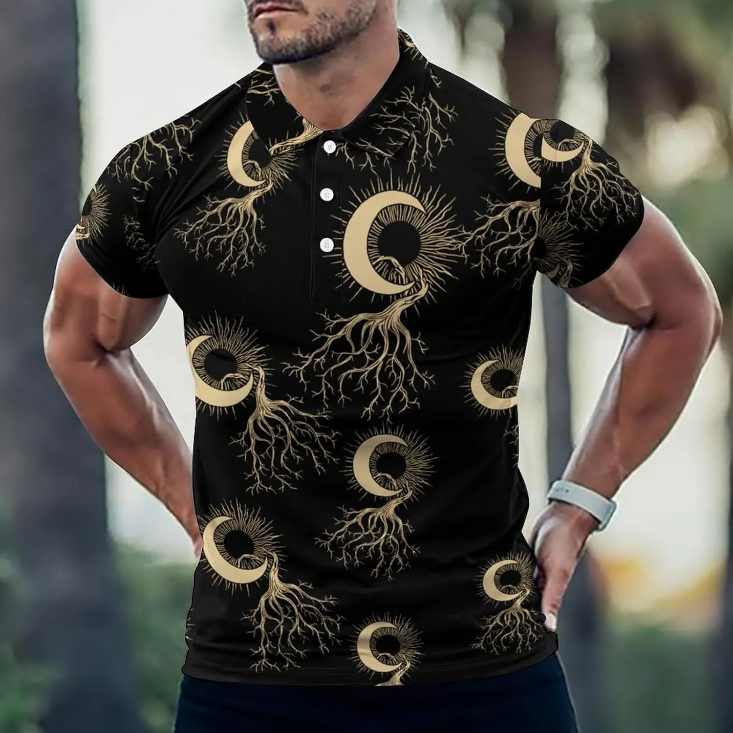 Sun And Moon Tree Mens Polo Shirts Quick Dry Short Sleeve T-shirts Slim Tennis Collared Tees Tops