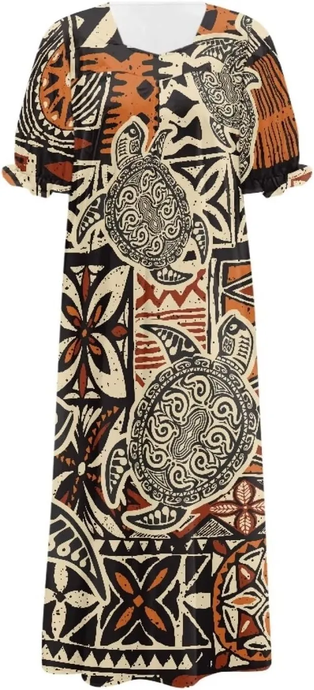 Tapa Polynesian Tonga Tribal Design Women Micronesian Mumu Muumuu Puff Short Sleeve Puffy Dress Ladies Midi Dress
