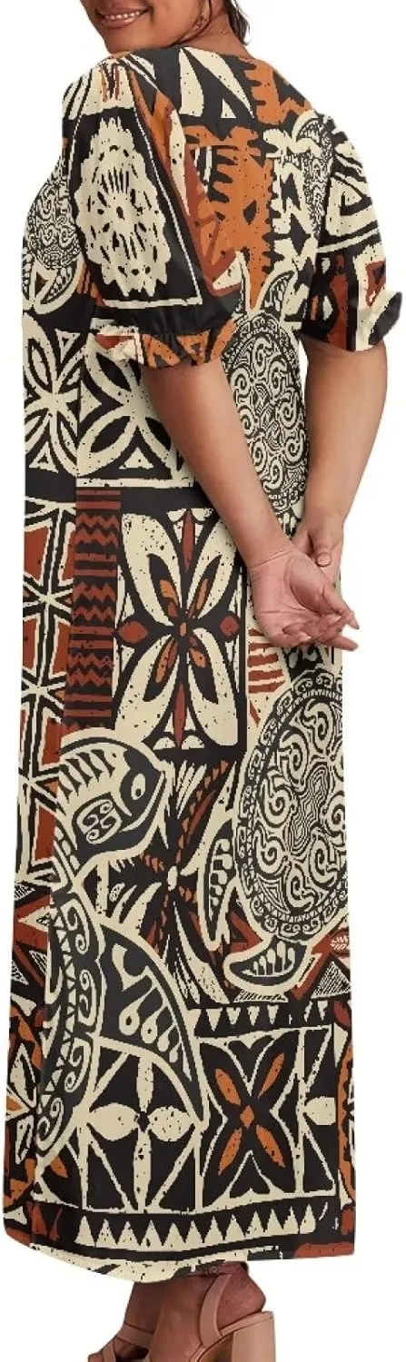 Tapa Polynesian Tonga Tribal Design Women Micronesian Mumu Muumuu Puff Short Sleeve Puffy Dress Ladies Midi Dress