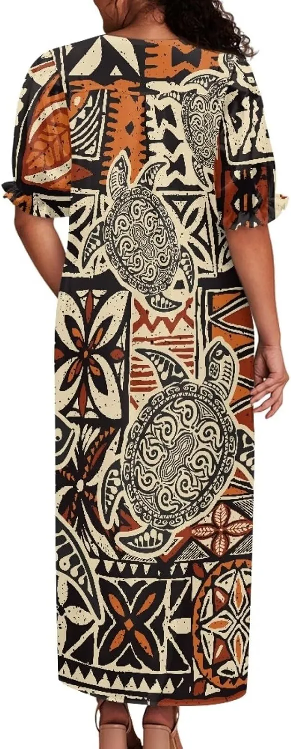 Tapa Polynesian Tonga Tribal Design Women Micronesian Mumu Muumuu Puff Short Sleeve Puffy Dress Ladies Midi Dress