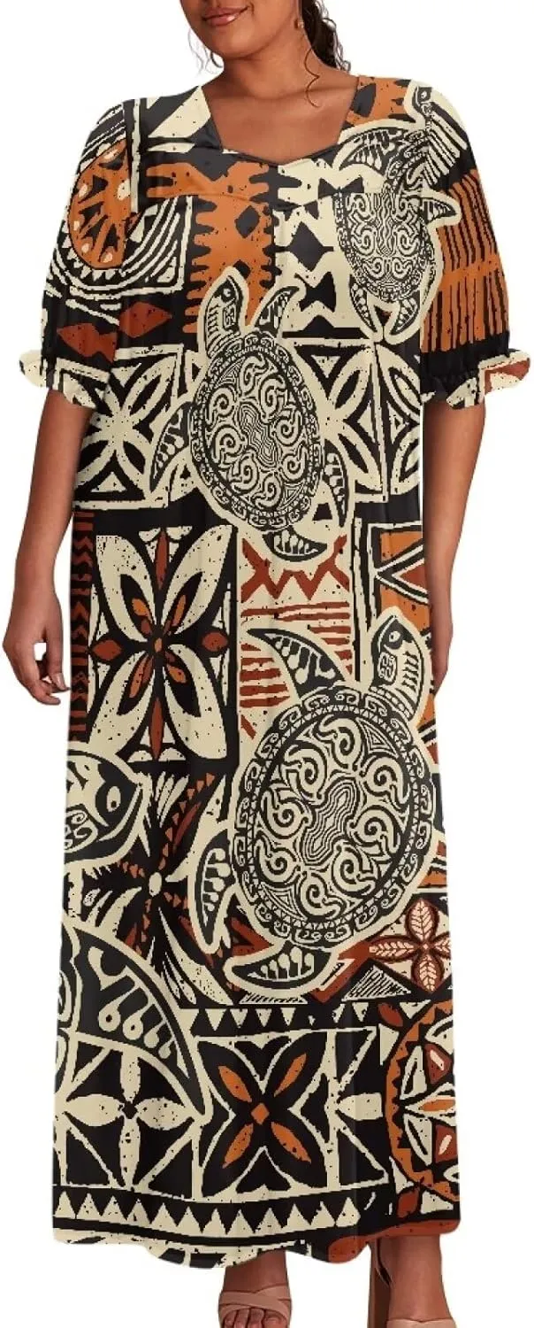 Tapa Polynesian Tonga Tribal Design Women Micronesian Mumu Muumuu Puff Short Sleeve Puffy Dress Ladies Midi Dress