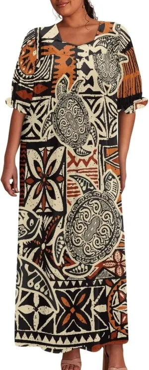 Tapa Polynesian Tonga Tribal Design Women Micronesian Mumu Muumuu Puff Short Sleeve Puffy Dress Ladies Midi Dress
