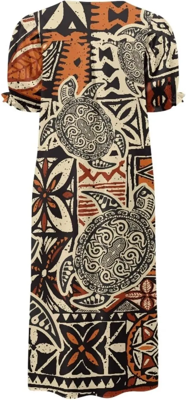 Tapa Polynesian Tonga Tribal Design Women Micronesian Mumu Muumuu Puff Short Sleeve Puffy Dress Ladies Midi Dress