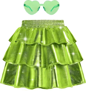techcity Girls Metallic Skirt Shiny Sparkle 3-Layer Ruffle Skirts Dance Party Costume Clothes for Girls 4-13Y with Glasses