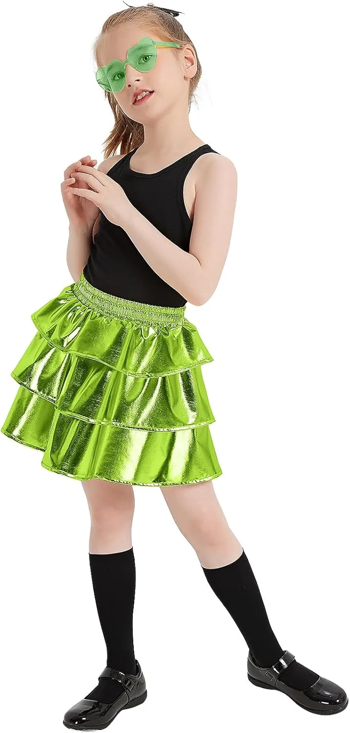 techcity Girls Metallic Skirt Shiny Sparkle 3-Layer Ruffle Skirts Dance Party Costume Clothes for Girls 4-13Y with Glasses