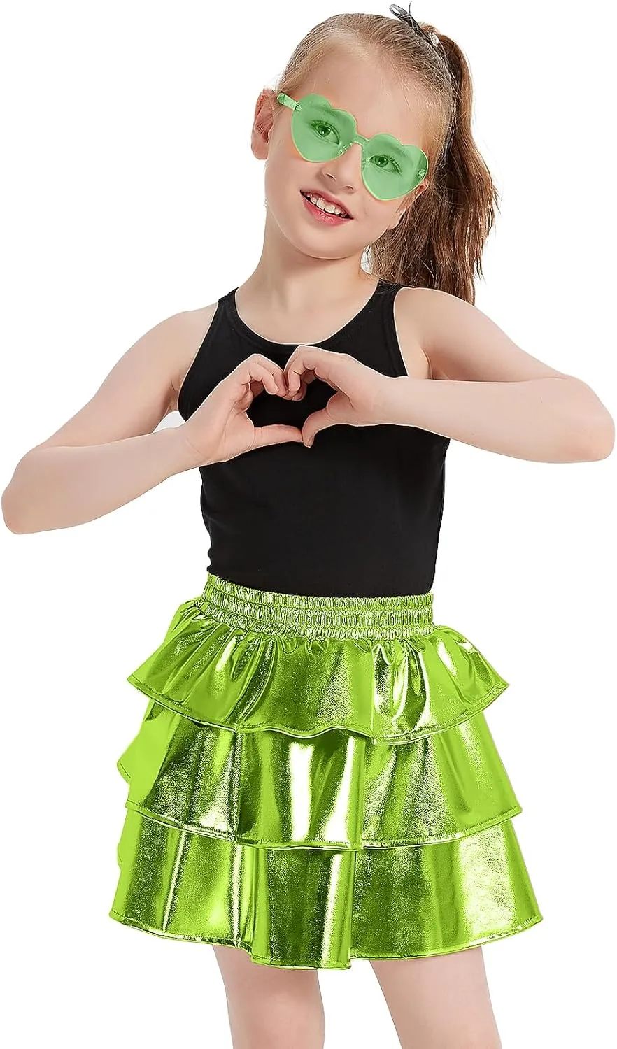 techcity Girls Metallic Skirt Shiny Sparkle 3-Layer Ruffle Skirts Dance Party Costume Clothes for Girls 4-13Y with Glasses