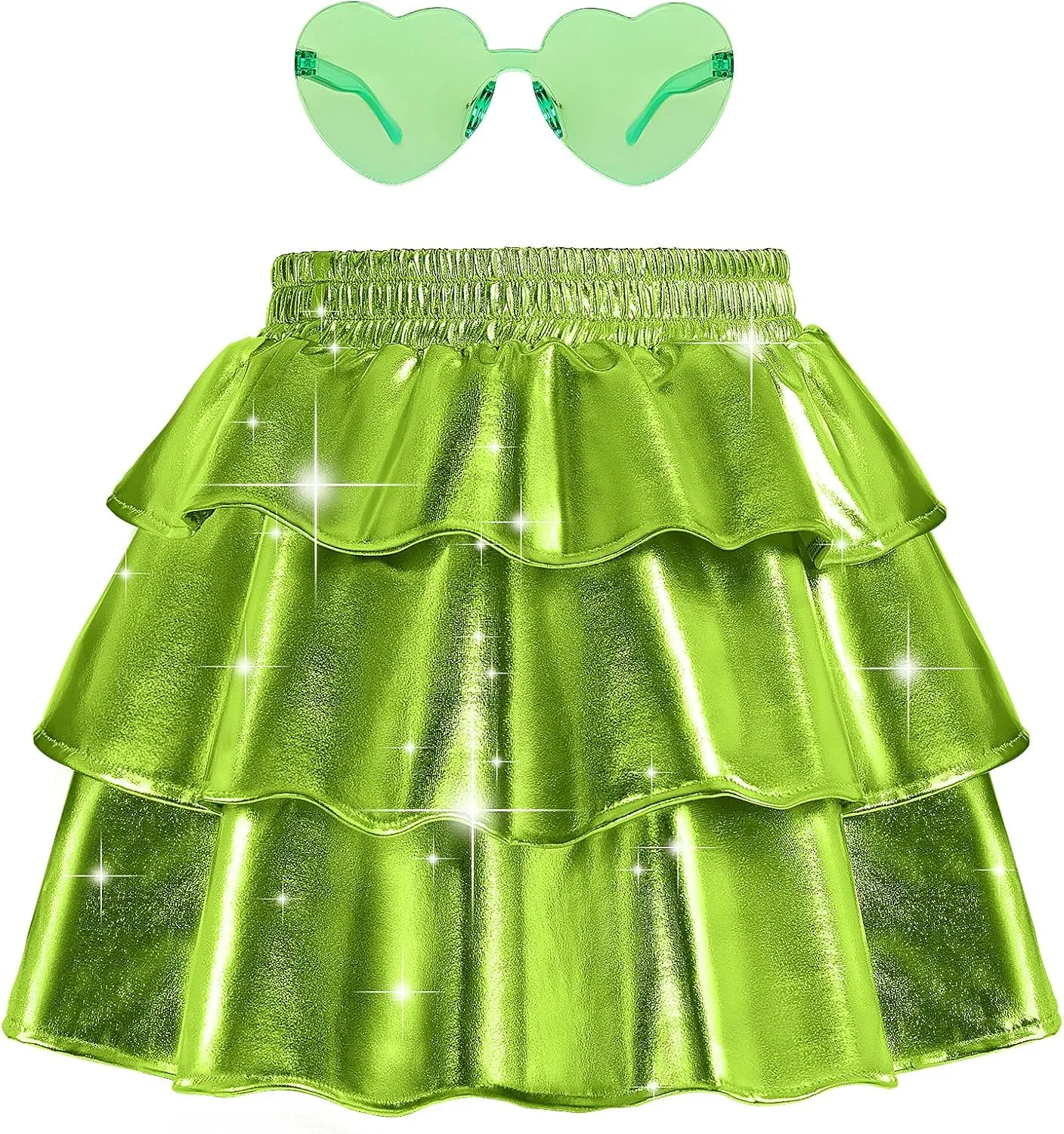 techcity Girls Metallic Skirt Shiny Sparkle 3-Layer Ruffle Skirts Dance Party Costume Clothes for Girls 4-13Y with Glasses