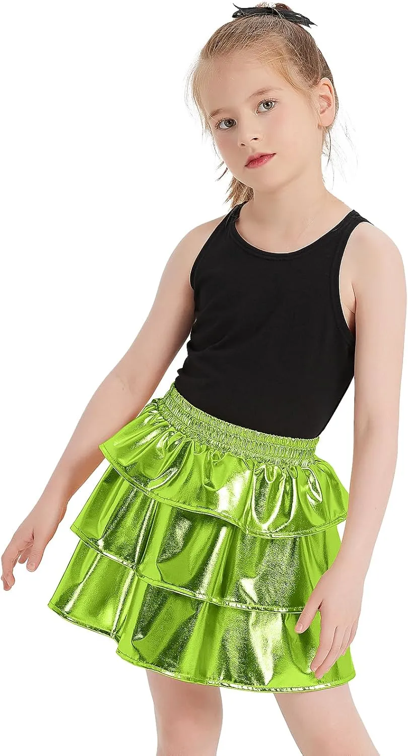techcity Girls Metallic Skirt Shiny Sparkle 3-Layer Ruffle Skirts Dance Party Costume Clothes for Girls 4-13Y with Glasses