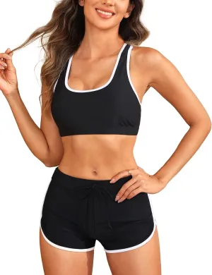 Tempt Me Women Two Piece Sports Bikini Athletic Swimsuits Racerback Crop Top with Boy Shorts Bathing Suits for Girls Vests