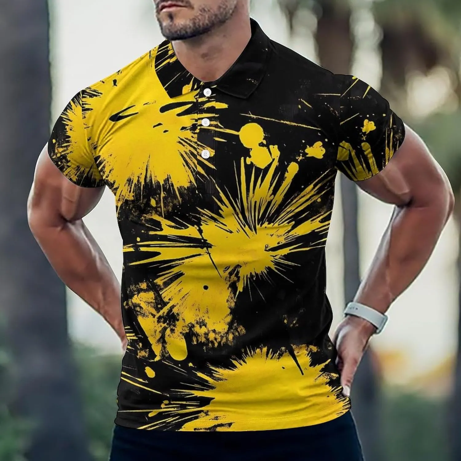 Tie Dye Fireworks Yellow Splash Mens Polo Shirts Quick Dry Short Sleeve T-shirts Slim Tennis Collared Tees Tops