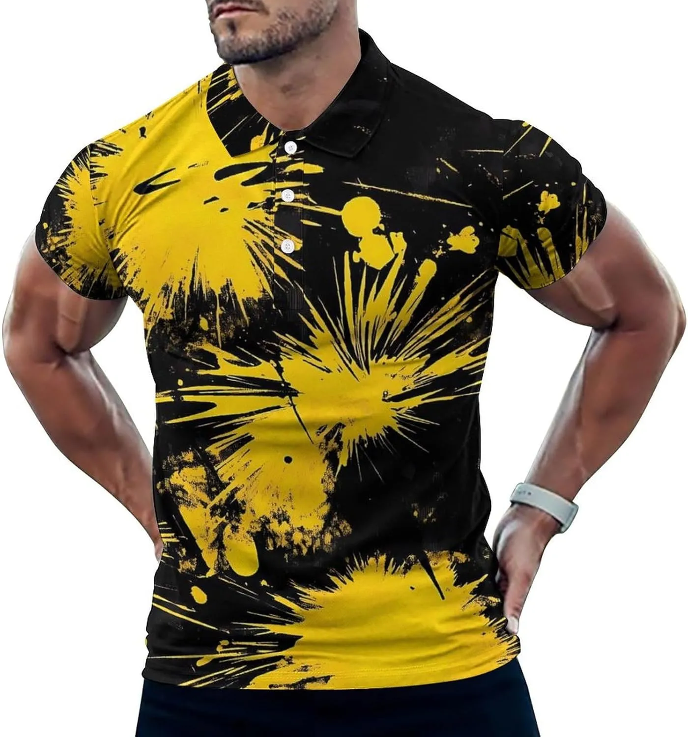 Tie Dye Fireworks Yellow Splash Mens Polo Shirts Quick Dry Short Sleeve T-shirts Slim Tennis Collared Tees Tops