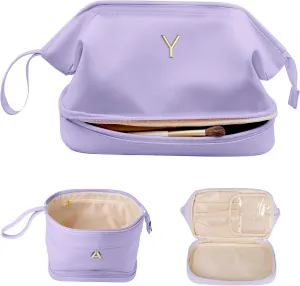 Travel Essentials for Friends Female Mom, Personalized Makeup Bag, Double Layer Cosmetic Bag with Makeup Brush Organizer, Waterproof, Large Capacity PU Leather Toiletry Bag Customized Gifts