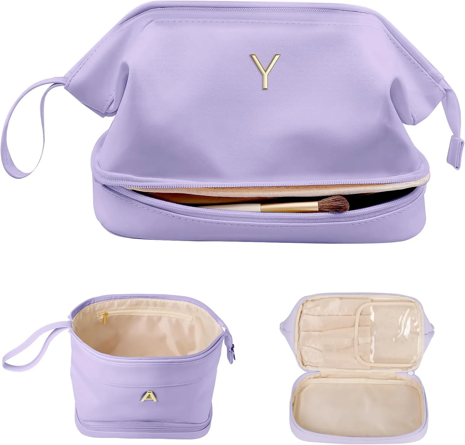 Travel Essentials for Friends Female Mom, Personalized Makeup Bag, Double Layer Cosmetic Bag with Makeup Brush Organizer, Waterproof, Large Capacity PU Leather Toiletry Bag Customized Gifts
