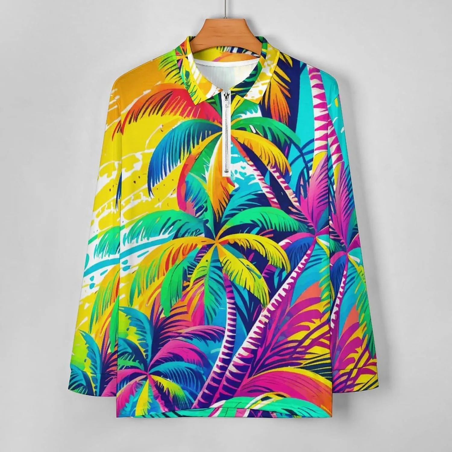 Tropical Palm-Trees Men's Lapel Neck Polo- Shirts Slim Fit Long Sleeve Golf T-Shirts Casual Tees