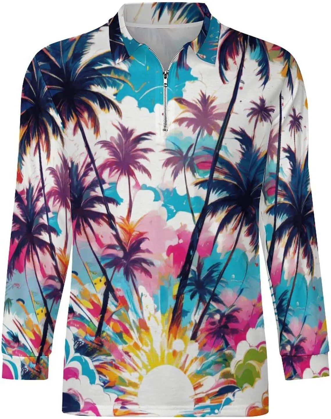 Tropical Palm-Trees Men's Lapel Neck Polo- Shirts Slim Fit Long Sleeve Golf T-Shirts Casual Tees