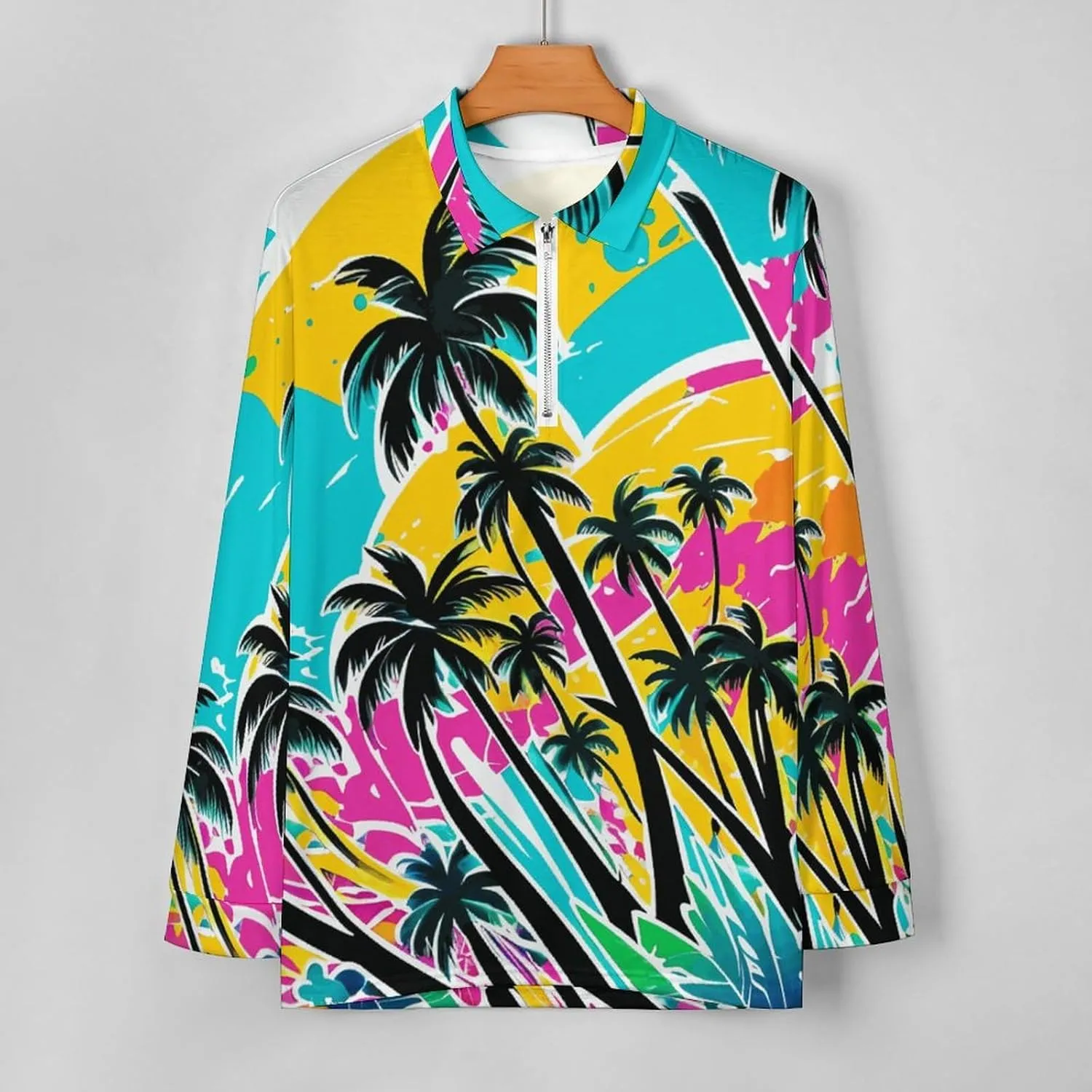 Tropical Palm-Trees Men's Lapel Neck Polo- Shirts Slim Fit Long Sleeve Golf T-Shirts Casual Tees