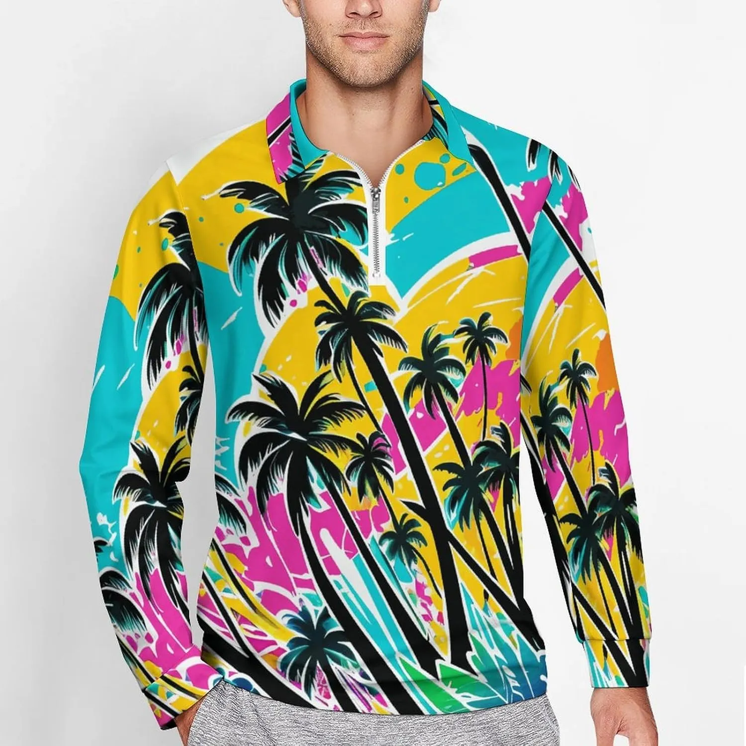 Tropical Palm-Trees Men's Lapel Neck Polo- Shirts Slim Fit Long Sleeve Golf T-Shirts Casual Tees