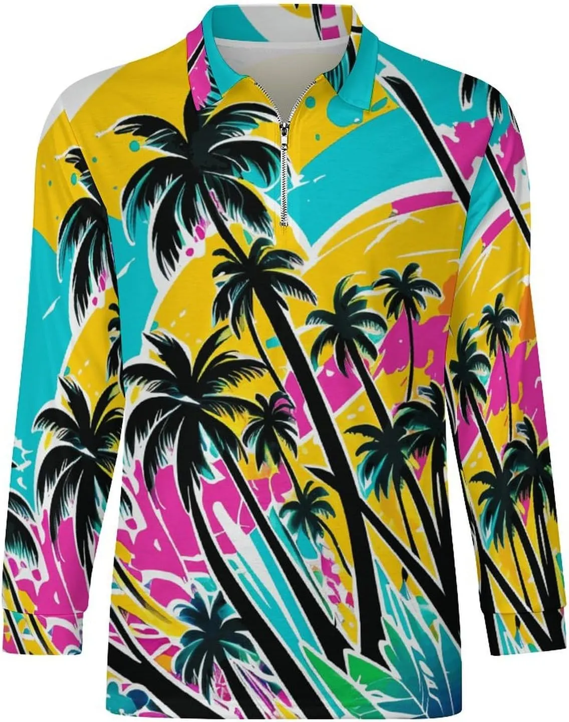Tropical Palm-Trees Men's Lapel Neck Polo- Shirts Slim Fit Long Sleeve Golf T-Shirts Casual Tees