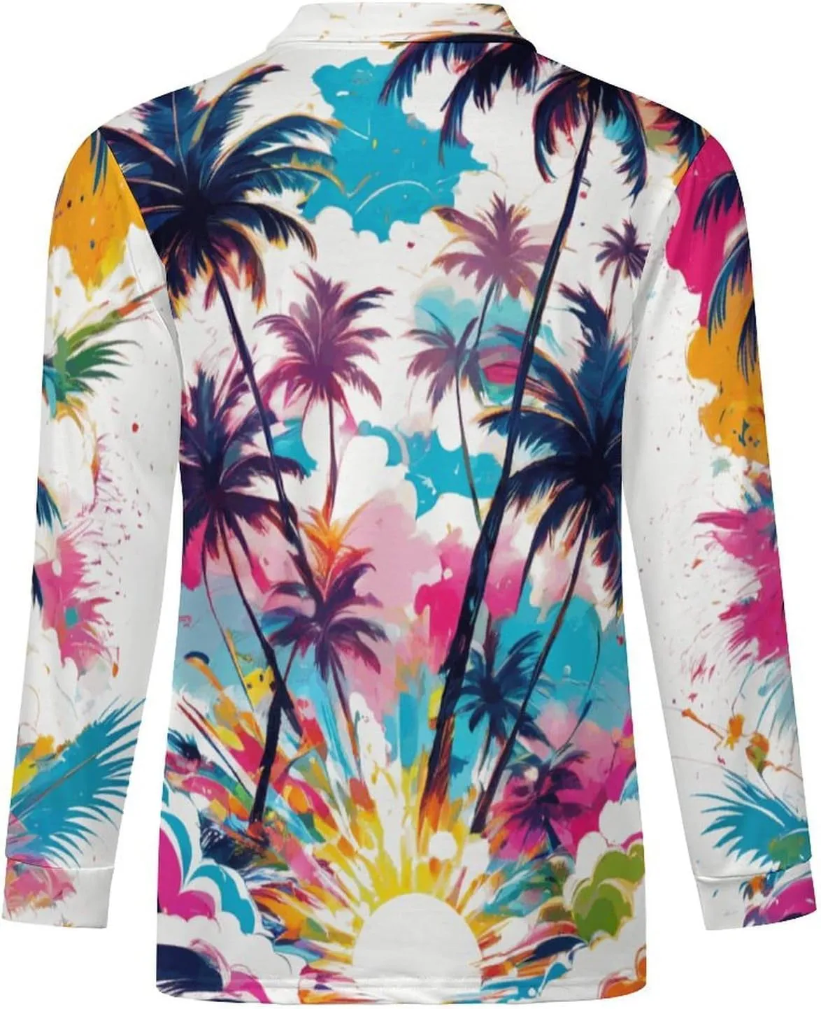 Tropical Palm-Trees Men's Lapel Neck Polo- Shirts Slim Fit Long Sleeve Golf T-Shirts Casual Tees