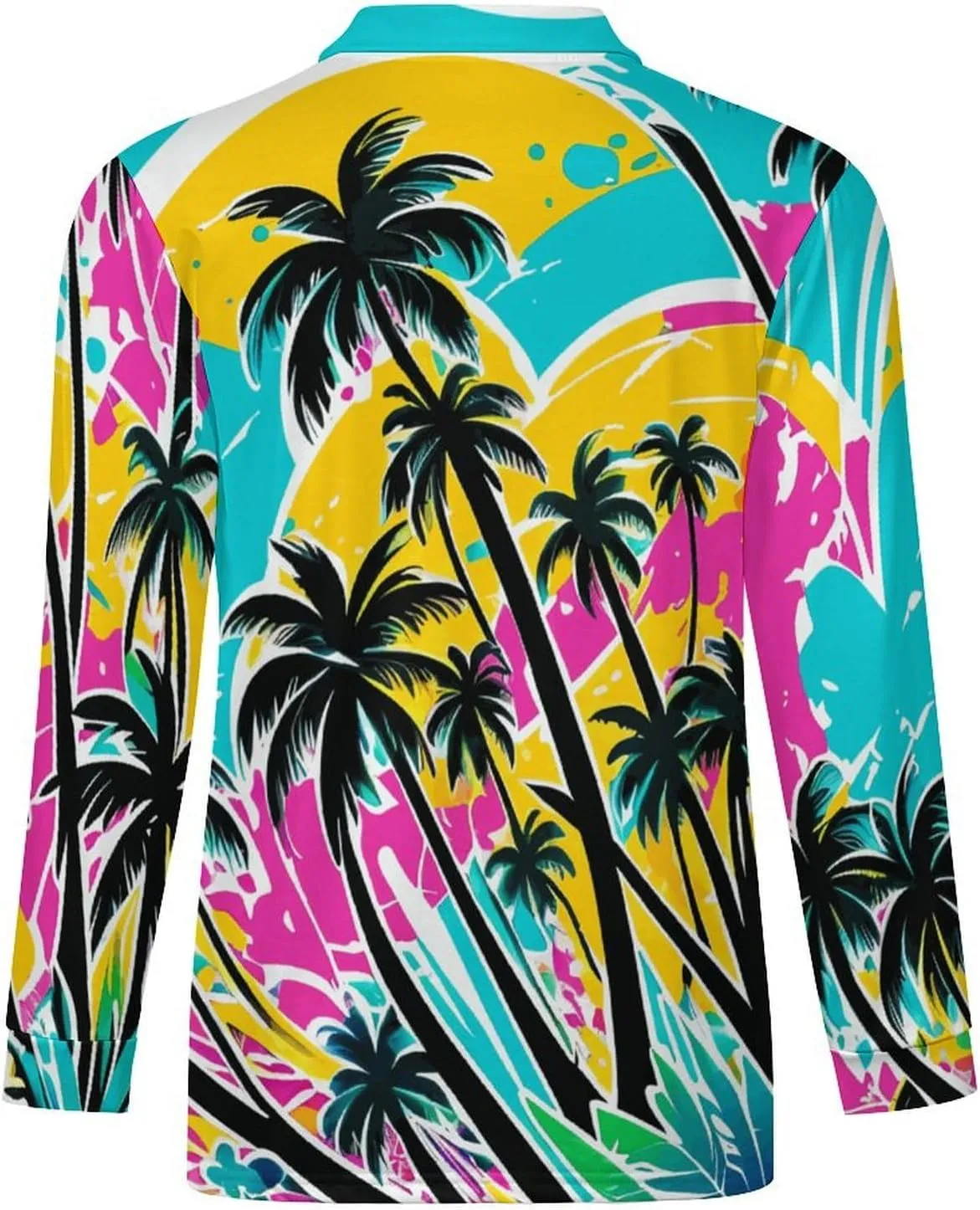 Tropical Palm-Trees Men's Lapel Neck Polo- Shirts Slim Fit Long Sleeve Golf T-Shirts Casual Tees