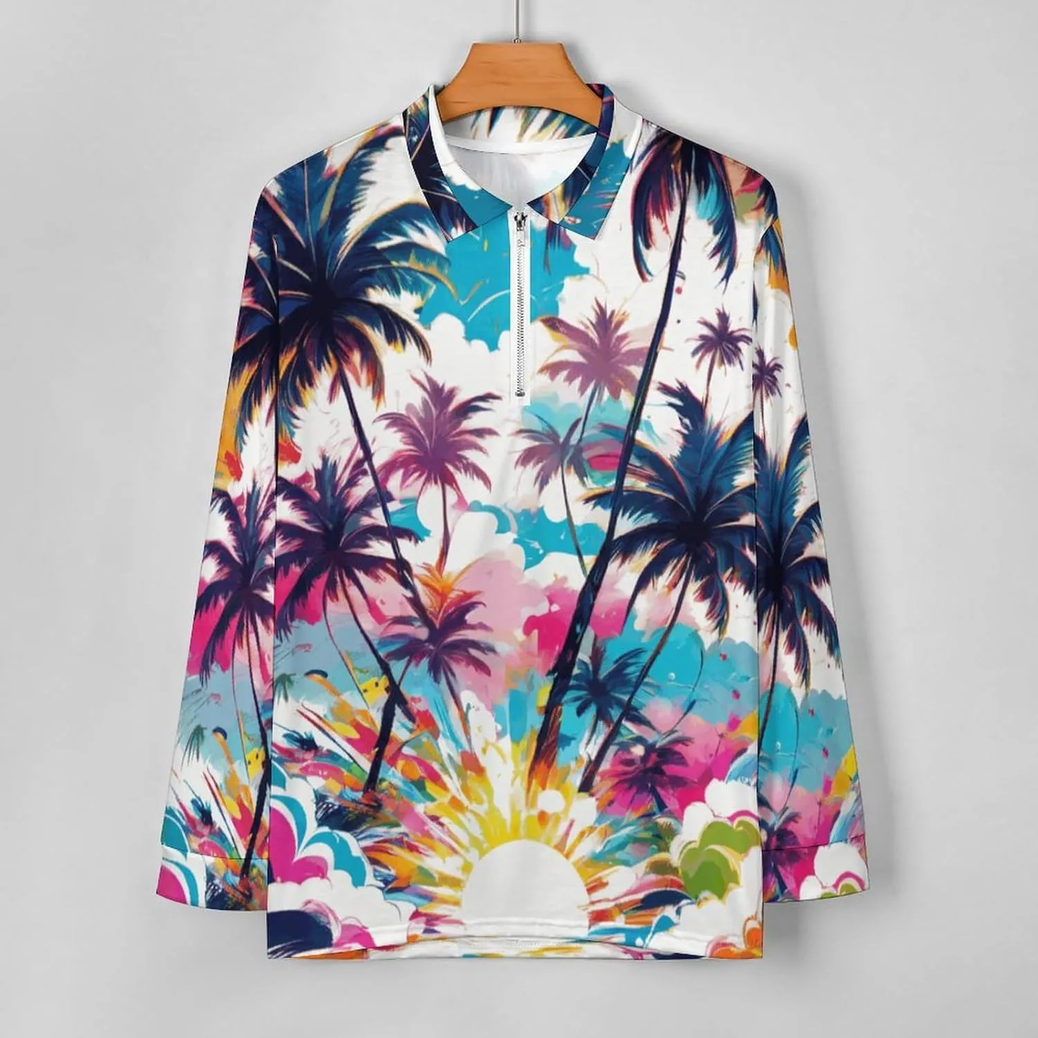 Tropical Palm-Trees Men's Lapel Neck Polo- Shirts Slim Fit Long Sleeve Golf T-Shirts Casual Tees