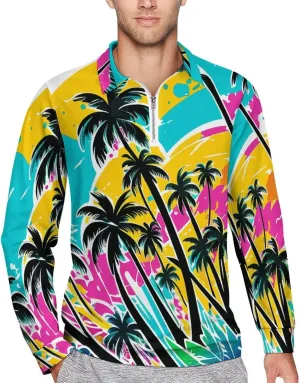 Tropical Palm-Trees Men's Lapel Neck Polo- Shirts Slim Fit Long Sleeve Golf T-Shirts Casual Tees