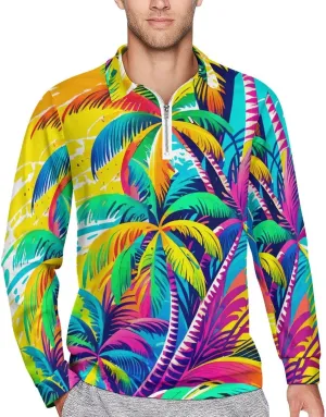 Tropical Palm-Trees Men's Lapel Neck Polo- Shirts Slim Fit Long Sleeve Golf T-Shirts Casual Tees