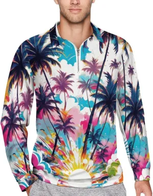 Tropical Palm-Trees Men's Lapel Neck Polo- Shirts Slim Fit Long Sleeve Golf T-Shirts Casual Tees